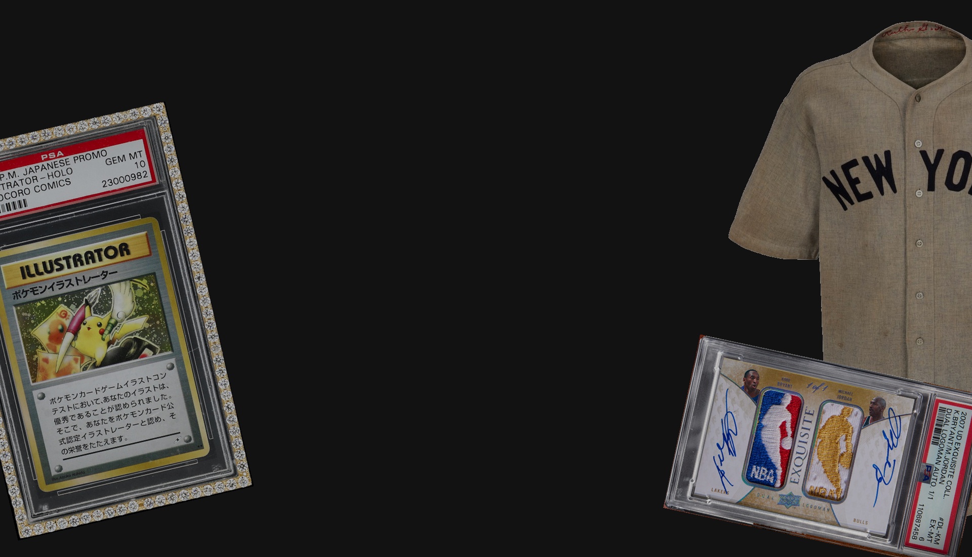 Real record-setting Pikachu Illustrator, Jordan and Kobe Dual Logoman card and Babe Ruth jersey photographs